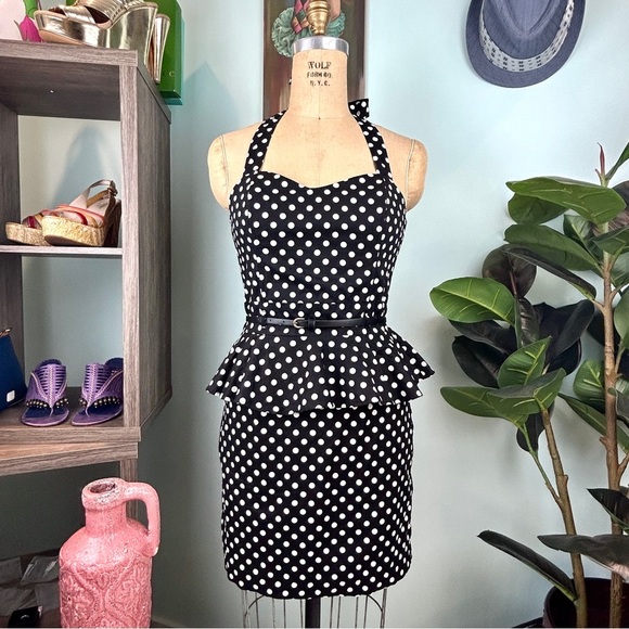 Grass Collection Retro Polka Dot Peplum Wiggle Dress - Picture 2 of 5